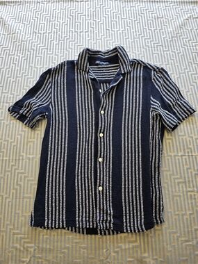 Zara Navy and White Vertical-Stripe Short-Sleeve Button Shirt